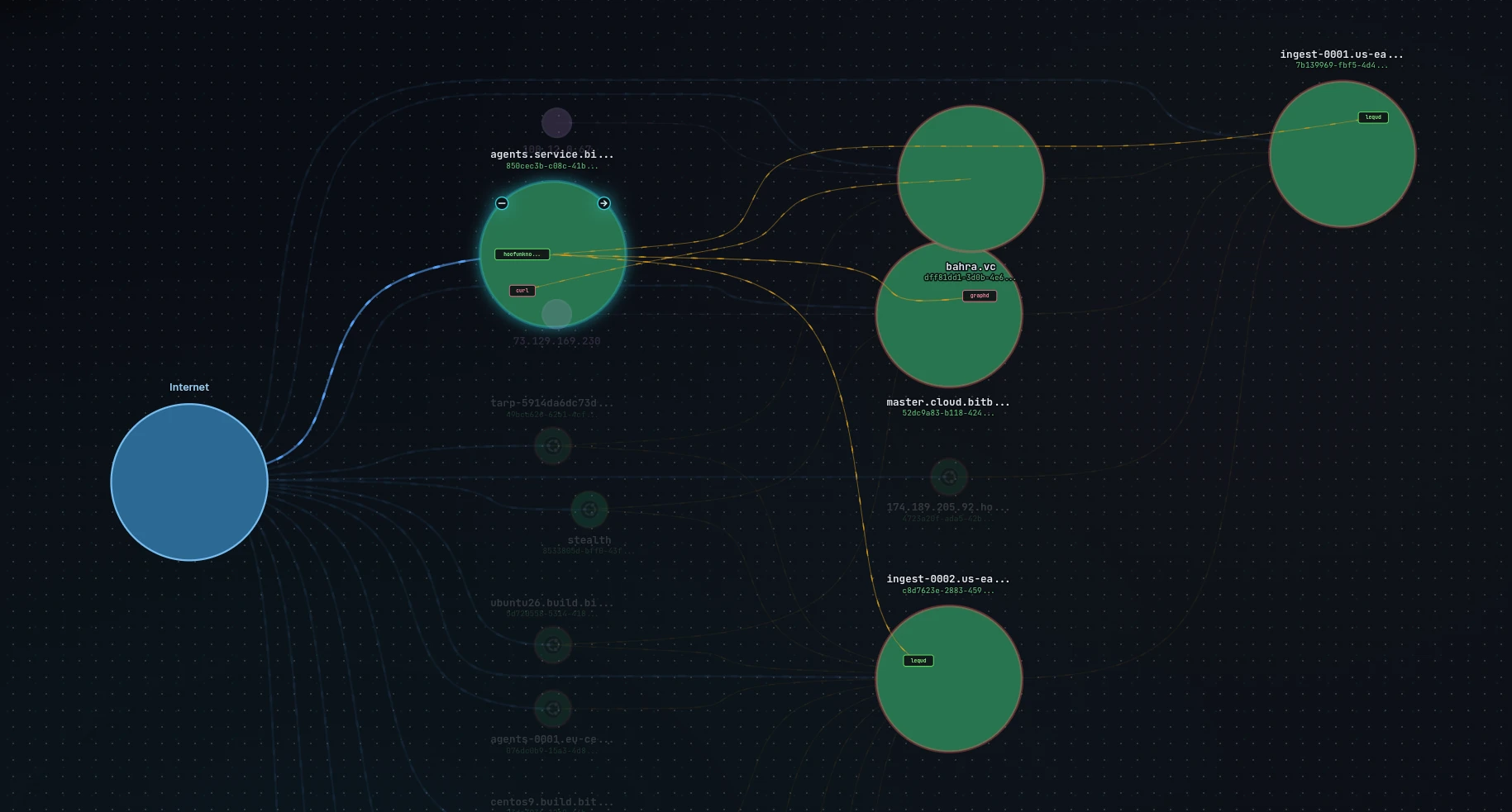 The Bitbison fleet graph: hosts across the fleet and the live connections between them, traced from the internet inward